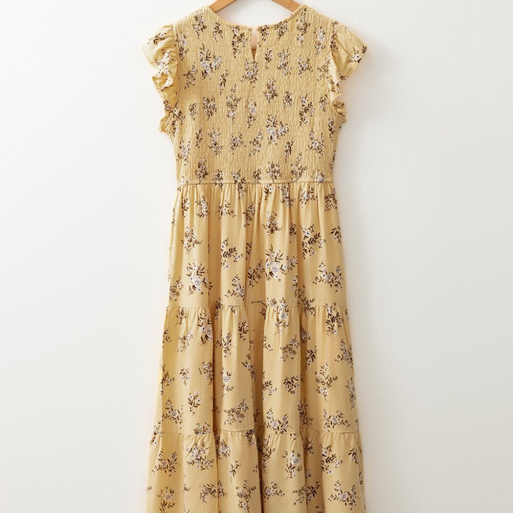 B265 Yellow Boho Floral Print Ruffle Smocked Flowy Summer Dress - Picture 7 of 12